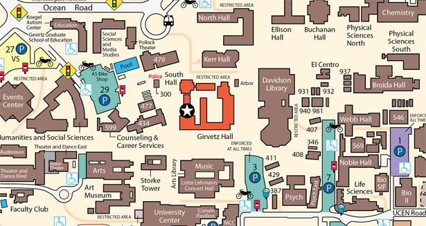Image of UCSB Map, with South Hall starred
