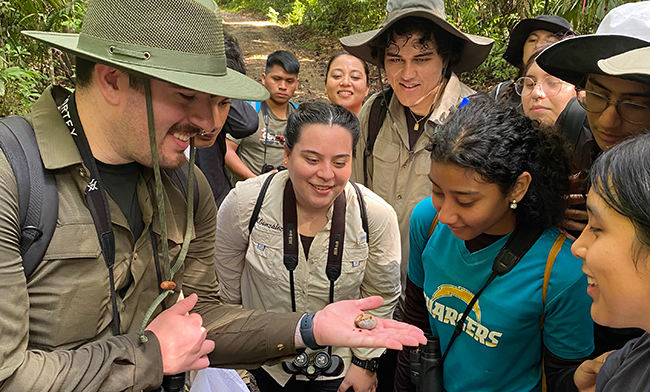 Photo of group of people looking at a person's open palm