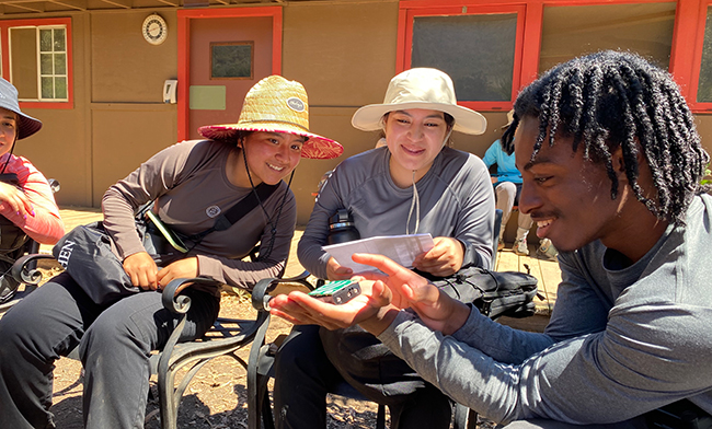 Group of four people seated looking at item in one person's open palm